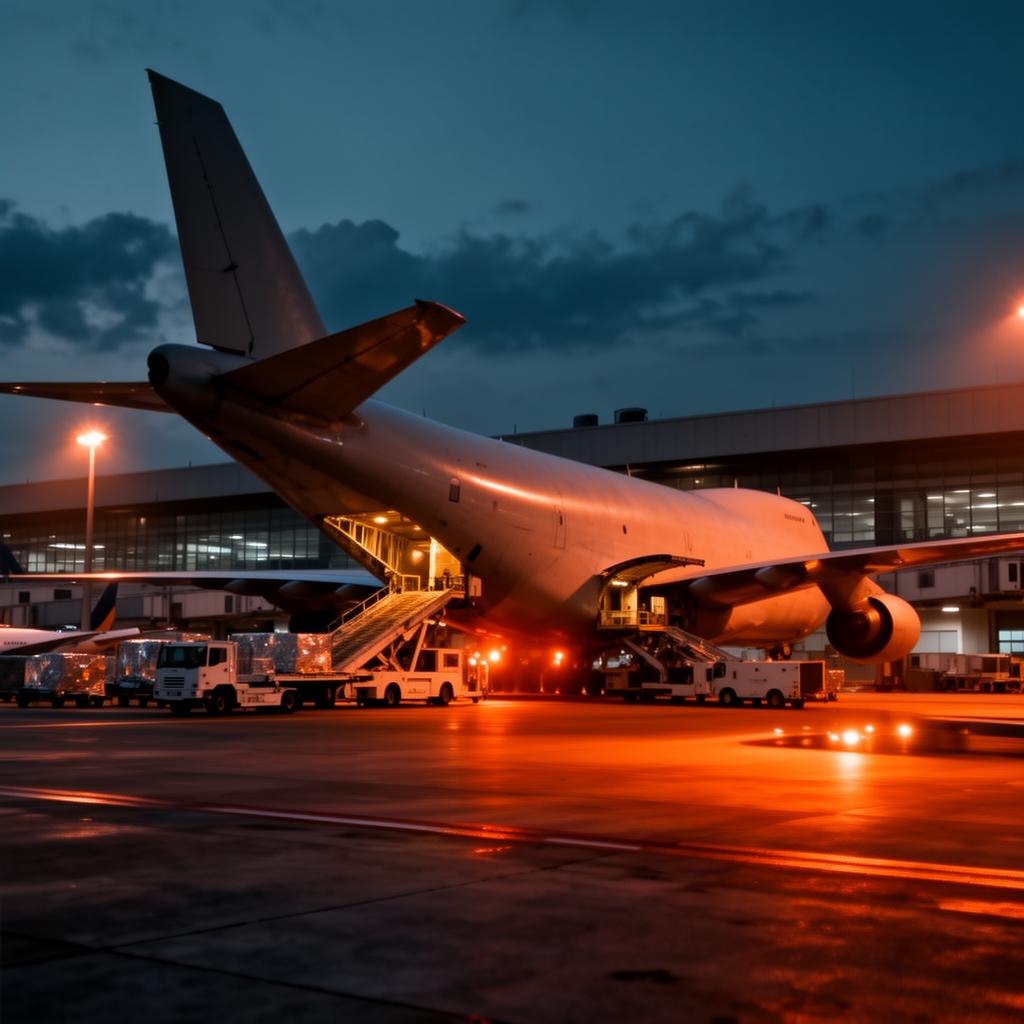 Cargo aircraft loading at Changi Air Freight Centre at dusk